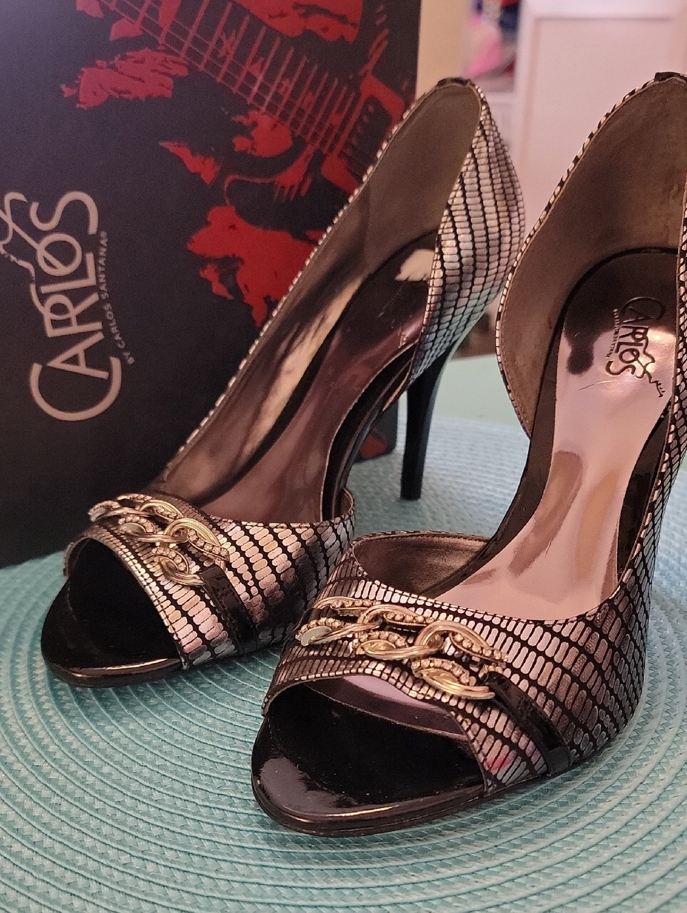 Carlos by Carlos Santana Silver and Black Peep-Toe Heels with Gold Chain